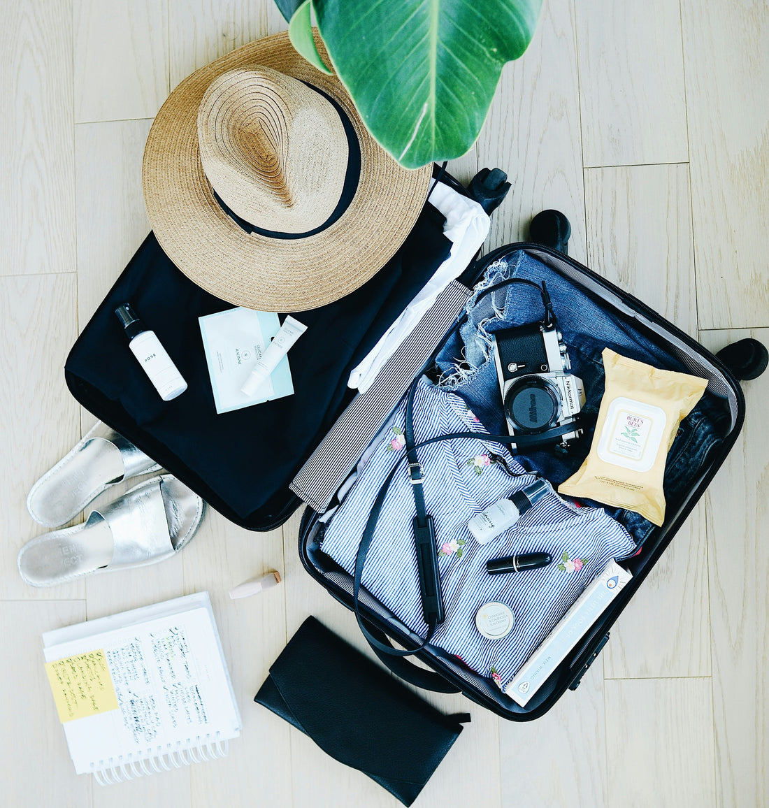 Open luggage with items being packed for travel